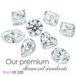 several premium cut diamond simulant stones baguette, emerald, heart, marquis, cushion, asscher, brilliant, princess, oval, teardrop with purple text stating prices from U S dollars 30