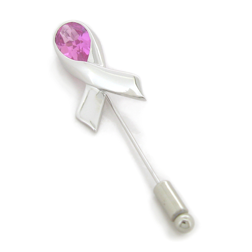 Breast Cancer Awareness Lapel Pin in sterling silver with rhodium plating, featuring a 12x8mm pink teardrop lab-created simulant in a ribbon design, 5.5 cm in length.