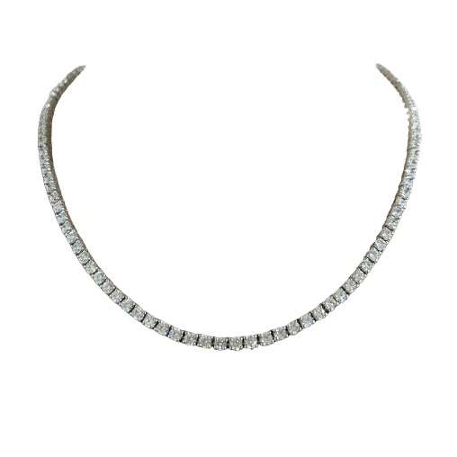 Tennis Necklace with 102 prong-set, 3mm brilliant-cut lab-created diamond simulants in rhodium-plated sterling silver, featuring a regular clasp with side safety clasp, available in 14" and 16" lengths.